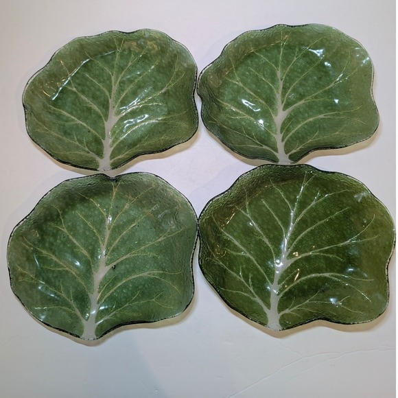 Set of 4 Vintage Green Glass Cabbage Leaf Shaped Serving Dishes Appetizer Plates - Picture 2 of 16